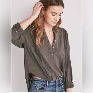 Lucky Brand Woven Gauze Mix Henley Top